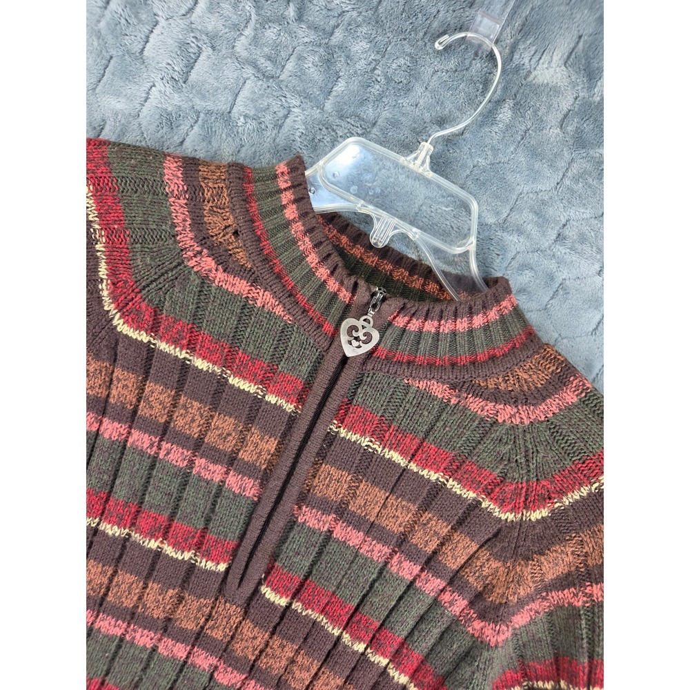 Vintage Fashion Bug Striped Ribbed Sweater Heart Zip Tunic Green Brown Red 14/16